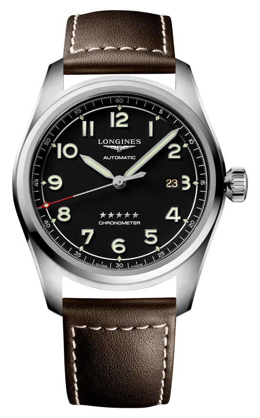 Longines Spirit Automatic COSC Stainless Steel Black Dial Brown Leather Strap Date Mens Watch L3.811.4.53.0