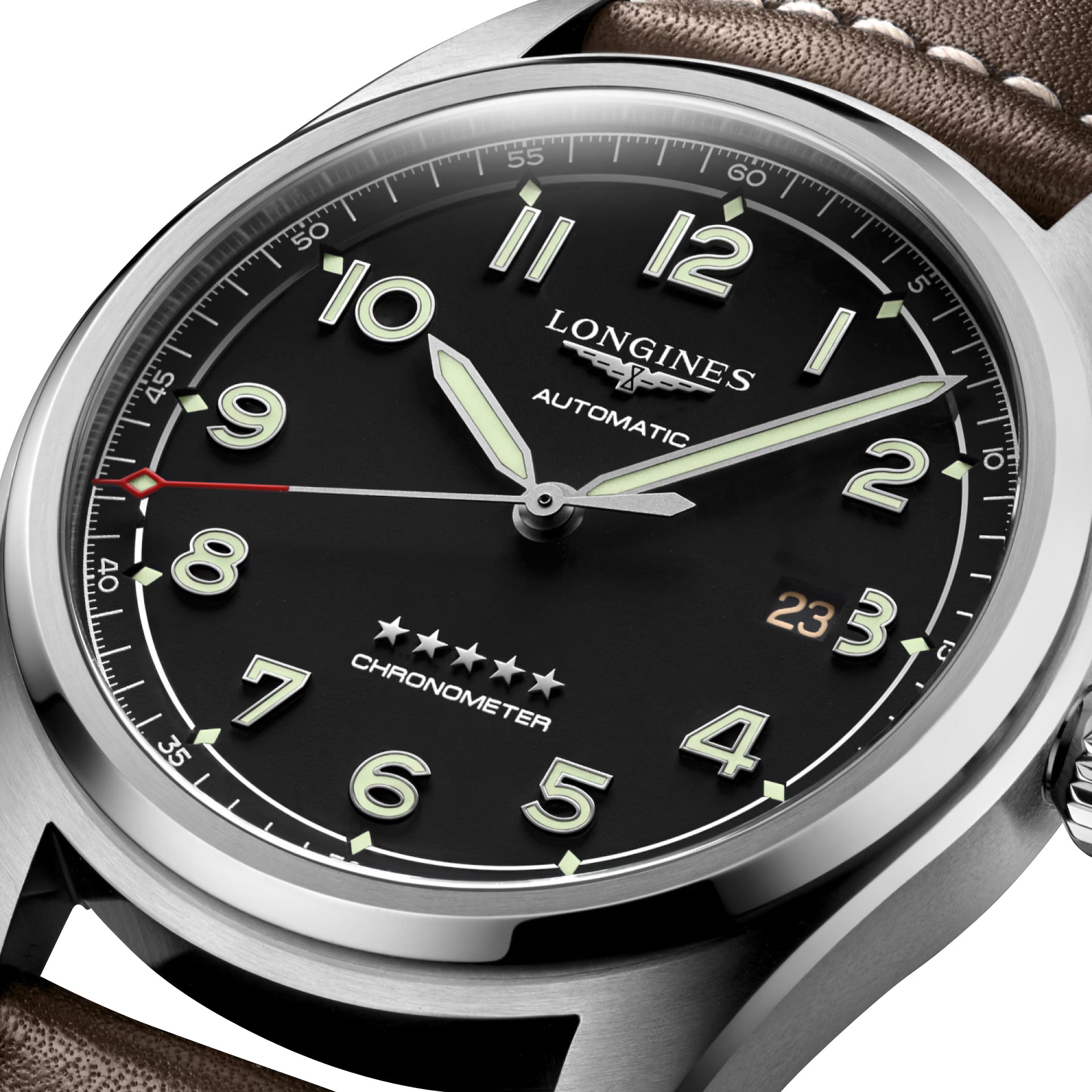Longines Spirit Automatic COSC Stainless Steel Black Dial Brown Leather Strap Date Mens Watch L3.811.4.53.0