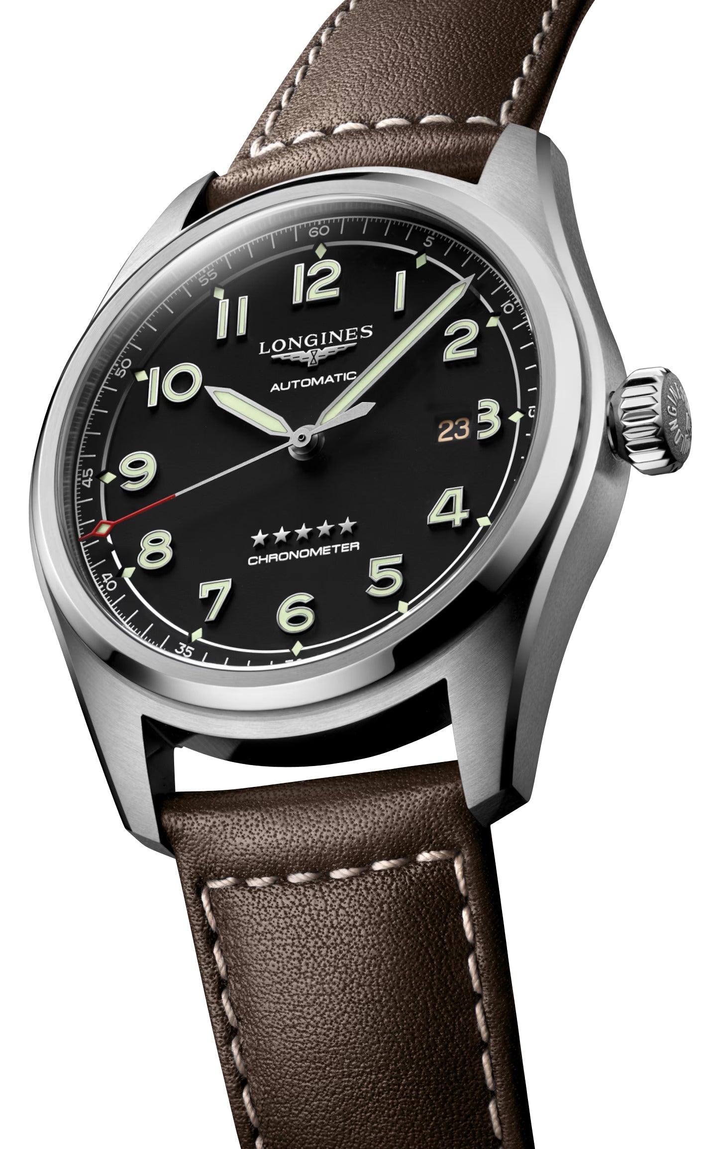 Longines Spirit Automatic COSC Stainless Steel Black Dial Brown Leather Strap Date Mens Watch L3.811.4.53.0