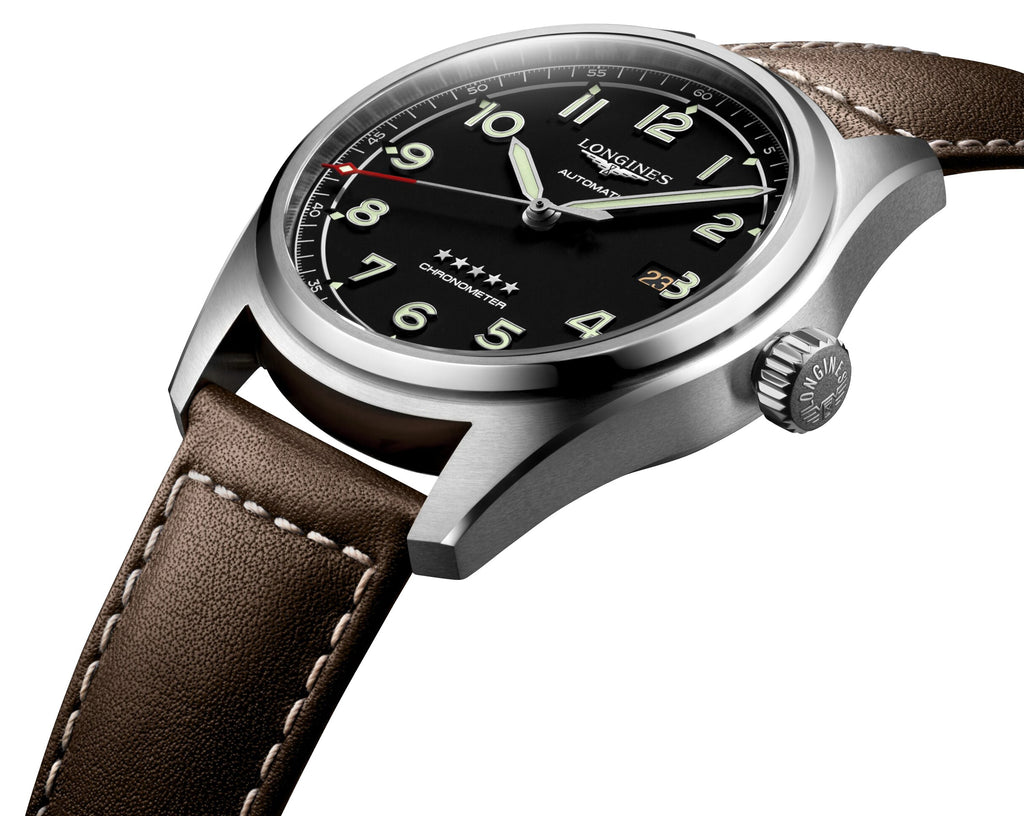 Longines Spirit Automatic COSC Stainless Steel Black Dial Brown Leather Strap Date Mens Watch L3.811.4.53.0