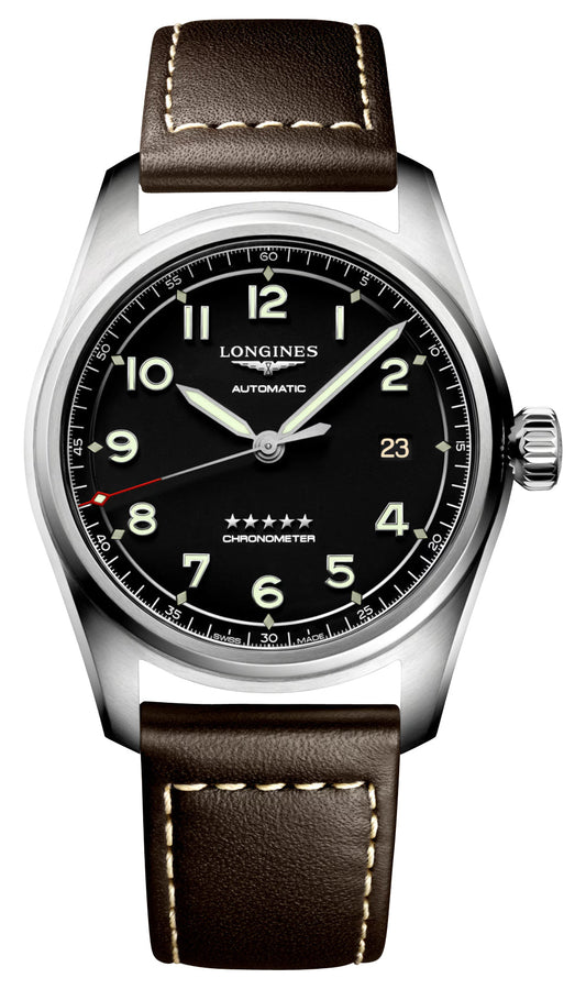 Longines Spirit Automatic COSC Stainless Steel Black Dial Brown Leather Strap Date Mens Watch L3.810.4.53.0