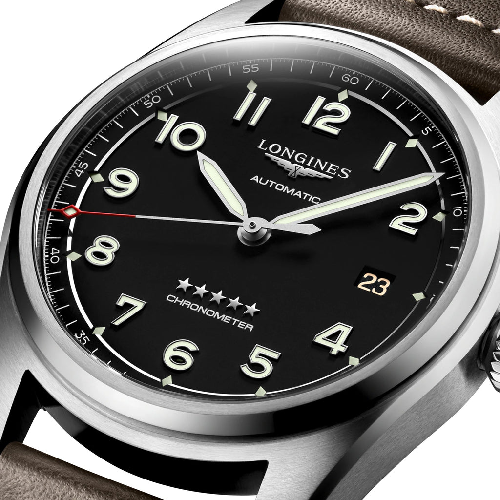 Longines Spirit Automatic COSC Stainless Steel Black Dial Brown Leather Strap Date Mens Watch L3.810.4.53.0