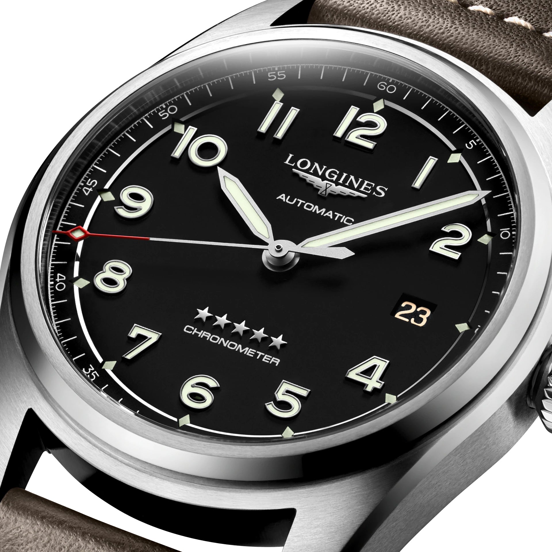 Longines Spirit Automatic COSC Stainless Steel Black Dial Brown Leather Strap Date Mens Watch L3.810.4.53.0