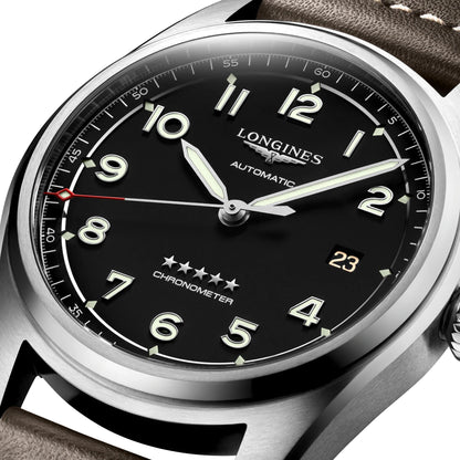 Longines Spirit Automatic COSC Stainless Steel Black Dial Brown Leather Strap Date Mens Watch L3.810.4.53.0