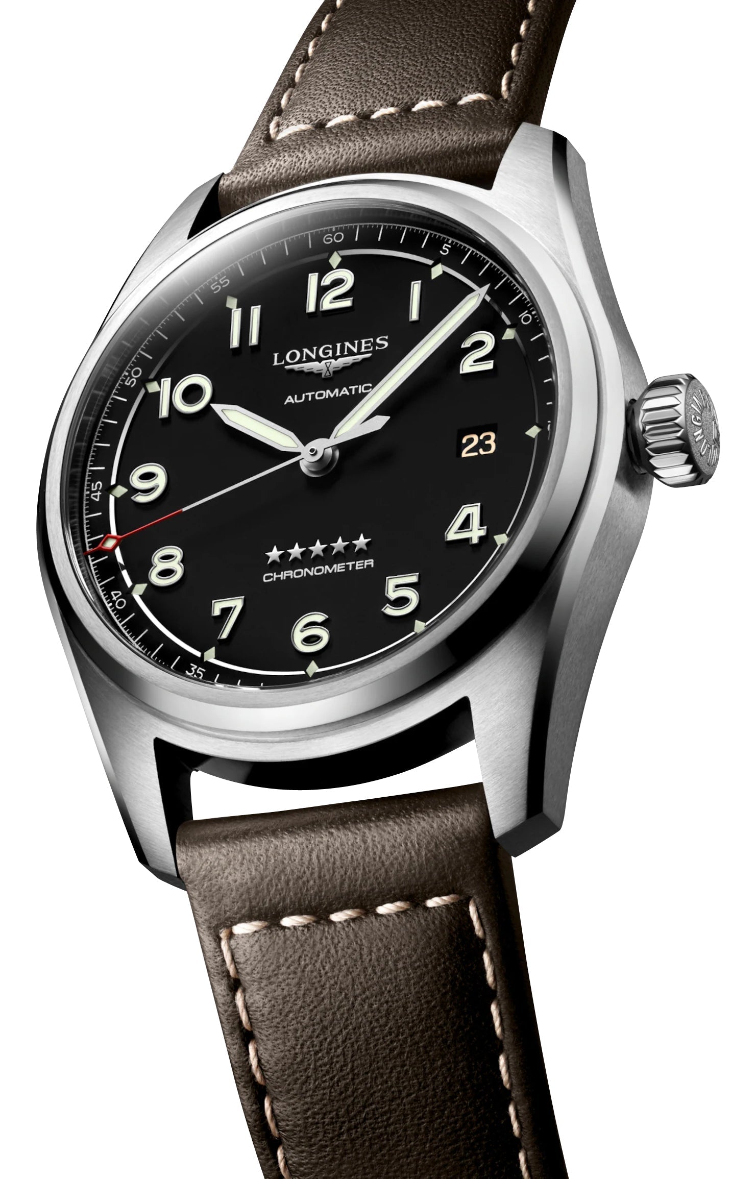 Longines Spirit Automatic COSC Stainless Steel Black Dial Brown Leather Strap Date Mens Watch L3.810.4.53.0