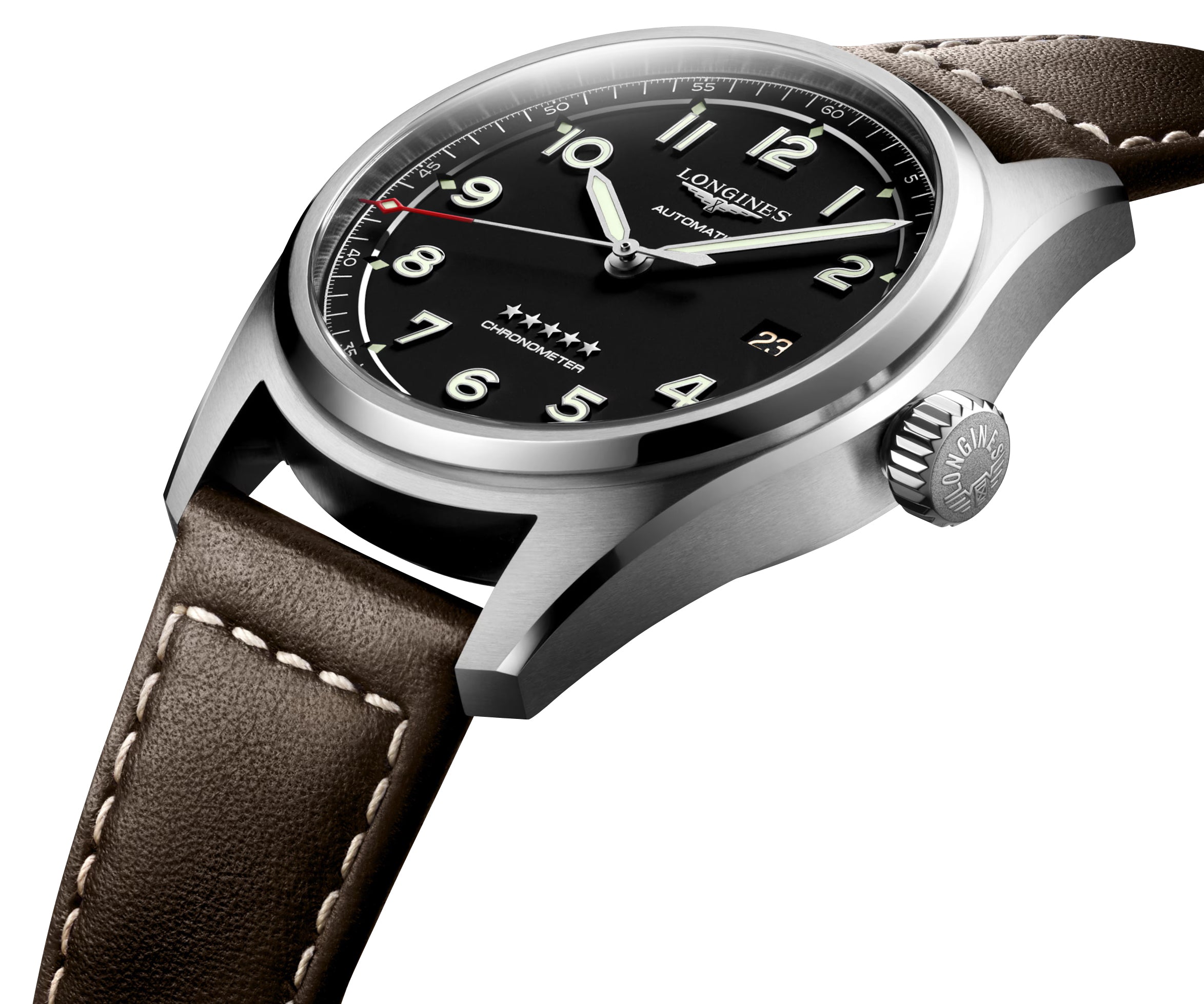 Longines Spirit Automatic COSC Stainless Steel Black Dial Brown Leather Strap Date Mens Watch L3.810.4.53.0