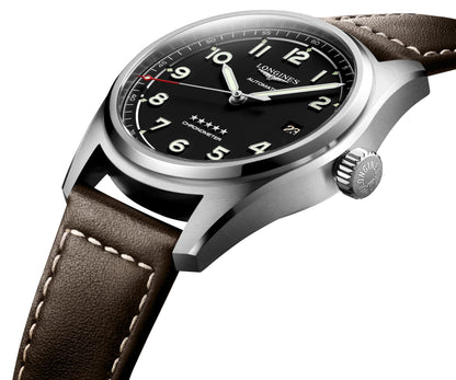 Longines Spirit Automatic COSC Stainless Steel Black Dial Brown Leather Strap Date Mens Watch L3.810.4.53.0