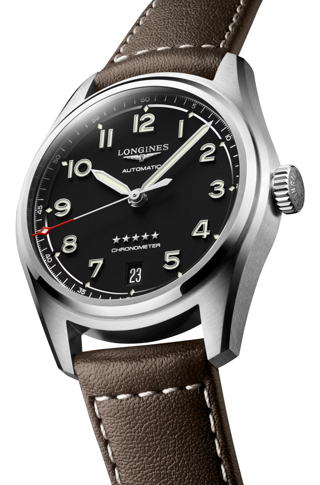 Longines Spirit Automatic COSC Stainless Steel Black Dial Brown Leather Strap Date Unisex Watch L3.410.4.53.0