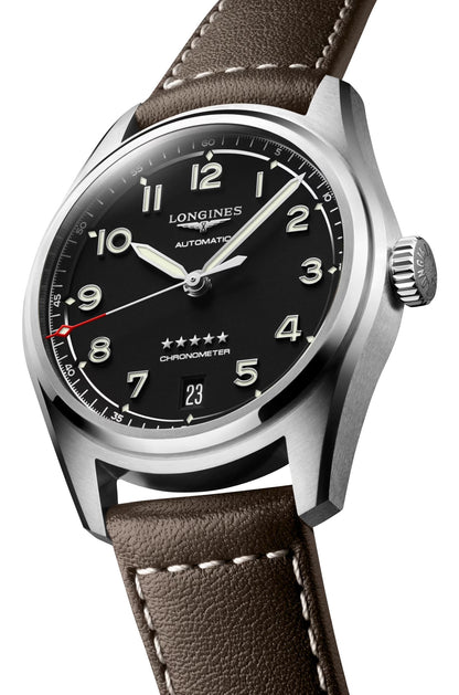 Longines Spirit Automatic COSC Stainless Steel Black Dial Brown Leather Strap Date Unisex Watch L3.410.4.53.0