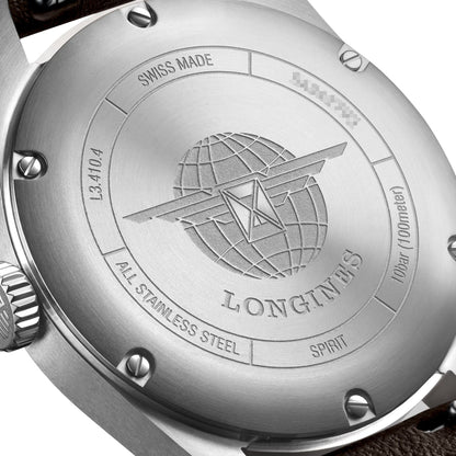 Longines Spirit Automatic COSC Stainless Steel Black Dial Brown Leather Strap Date Unisex Watch L3.410.4.53.0