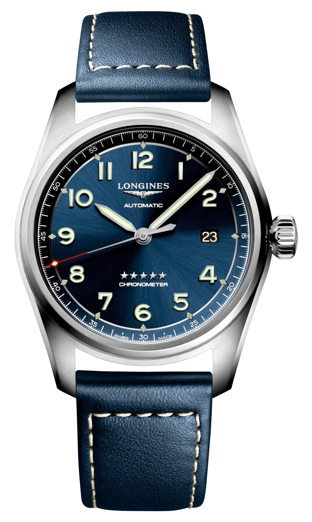 Longines Spirit Automatic COSC Stainless Steel Blue Dial Blue Leather Strap Date Mens Watch L3.810.4.93.0