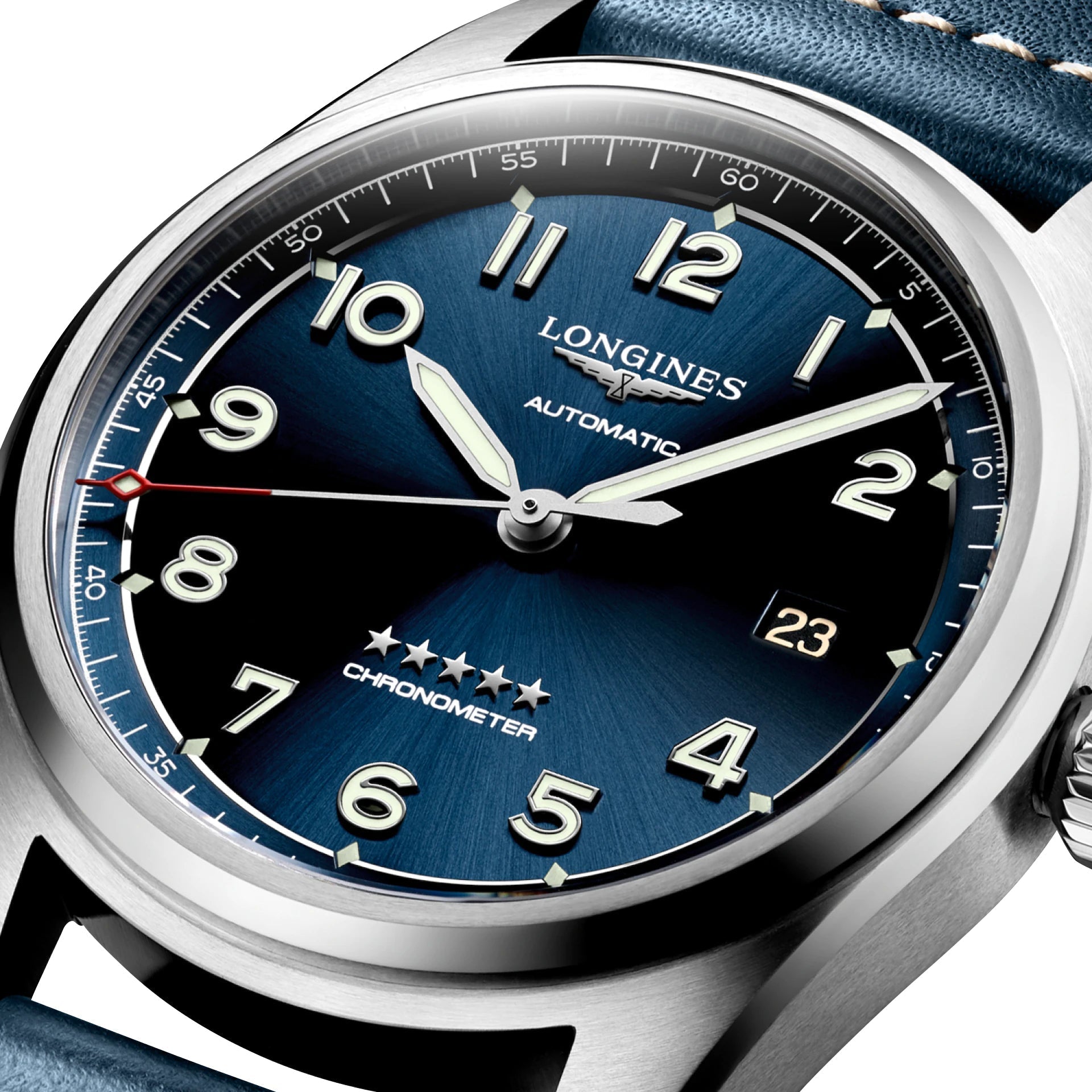 Longines Spirit Automatic COSC Stainless Steel Blue Dial Blue Leather Strap Date Mens Watch L3.810.4.93.0
