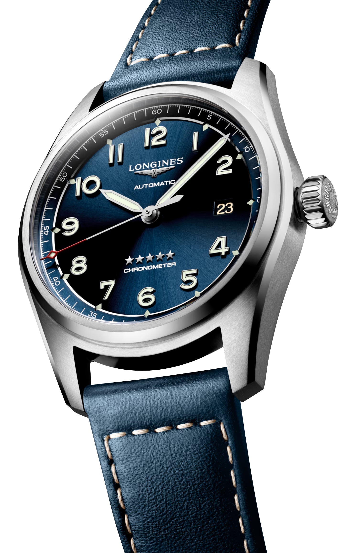 Longines Spirit Automatic COSC Stainless Steel Blue Dial Blue Leather Strap Date Mens Watch L3.810.4.93.0