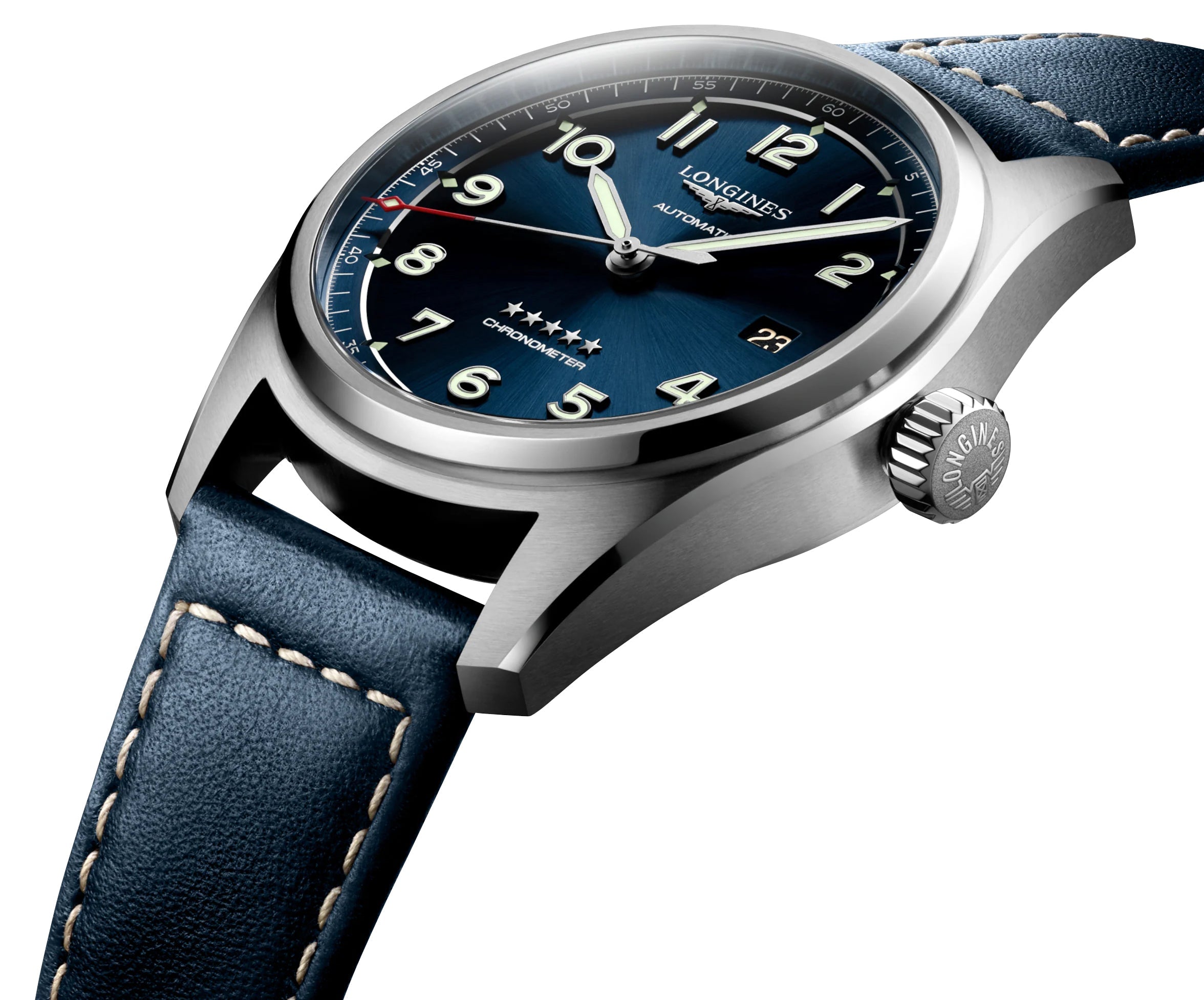 Longines Spirit Automatic COSC Stainless Steel Blue Dial Blue Leather Strap Date Mens Watch L3.810.4.93.0