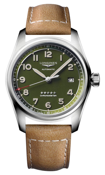 Longines Spirit Automatic COSC Stainless Steel Green Dial Brown Leather Strap Date Mens Watch L3.810.4.03.2
