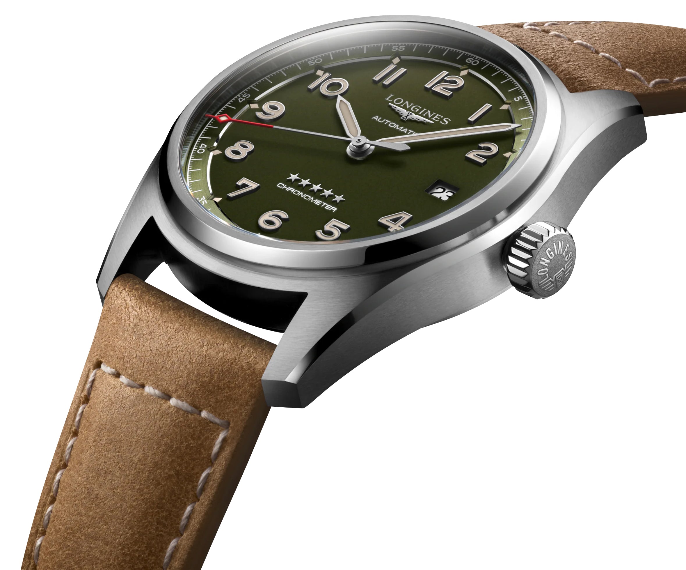 Longines Spirit Automatic COSC Stainless Steel Green Dial Brown Leather Strap Date Mens Watch L3.810.4.03.2