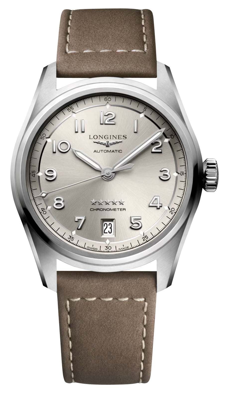 Longines Spirit Automatic COSC Stainless Steel Champagne Dial Beige Leather Strap Date Unisex Watch L3.410.4.63.2