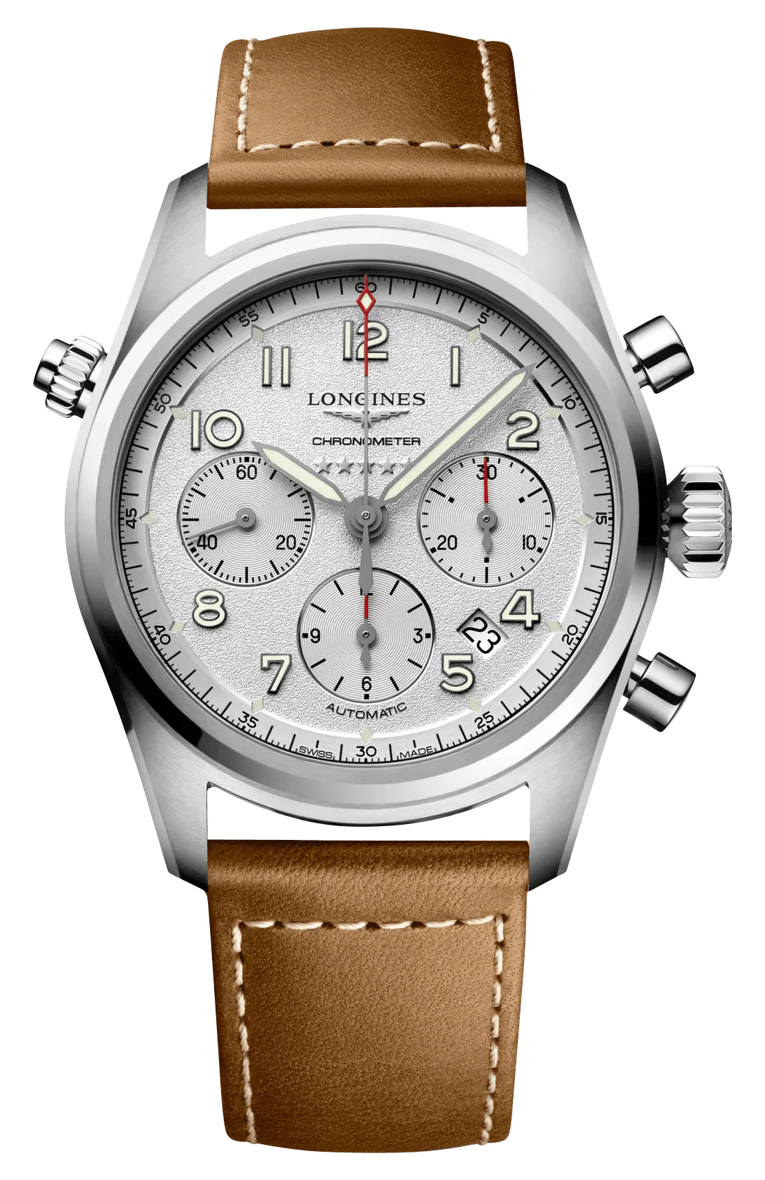 Longines Spirit Automatic Chronograph COSC Stainless Steel Silver Dial Brown Leather Strap Date Mens Watch L3.820.4.73.2