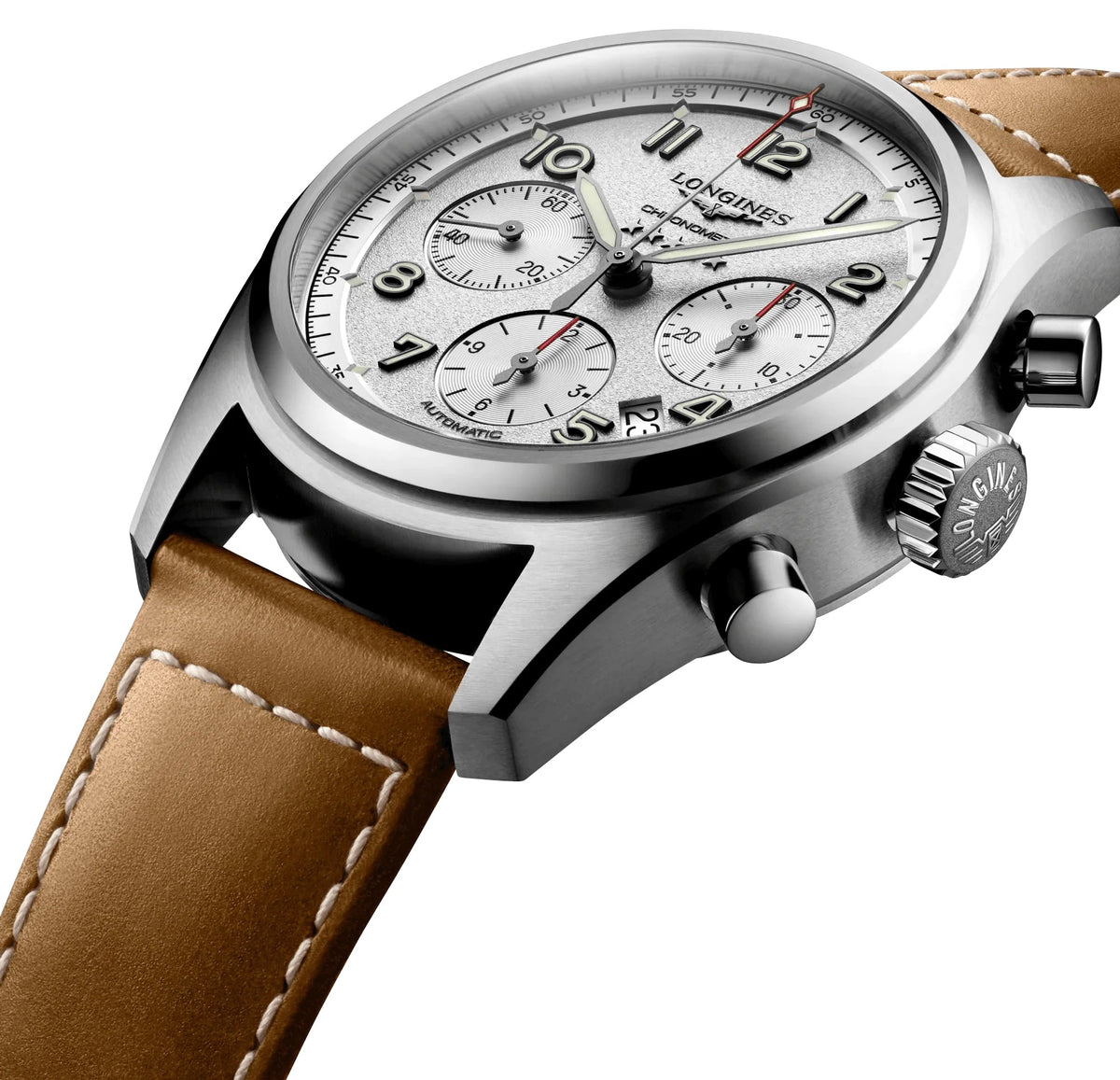 Longines Spirit Automatic Chronograph COSC Stainless Steel Silver Dial Brown Leather Strap Date Mens Watch L3.820.4.73.2