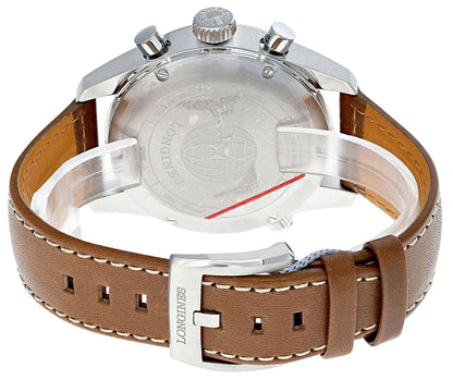 Longines Spirit Automatic Chronograph COSC Stainless Steel Silver Dial Brown Leather Strap Date Mens Watch L3.820.4.73.2