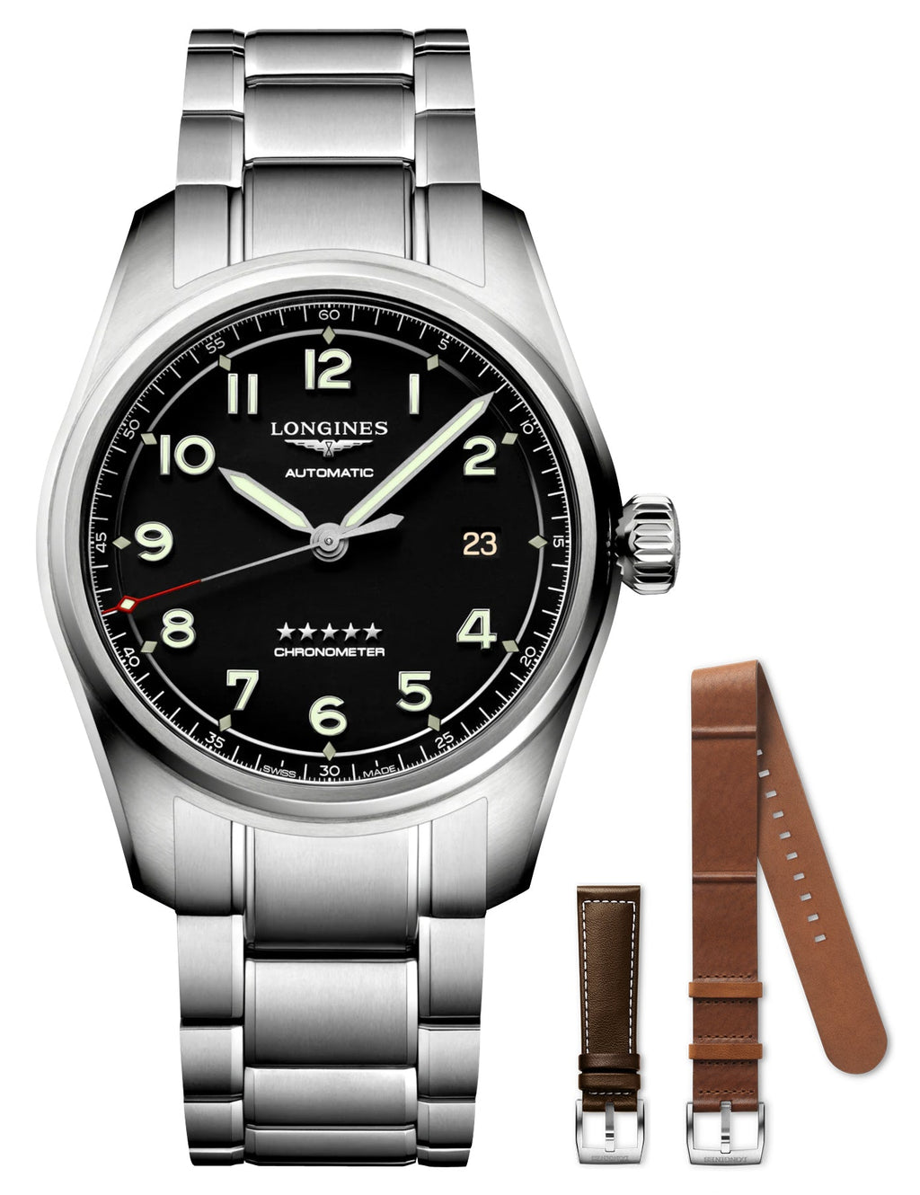 Longines Spirit Prestige Edition Automatic COSC Stainless Steel Black Dial Interchangeable Brown Leather/NATO Strap Date Mens Watch L3.810.4.53.9