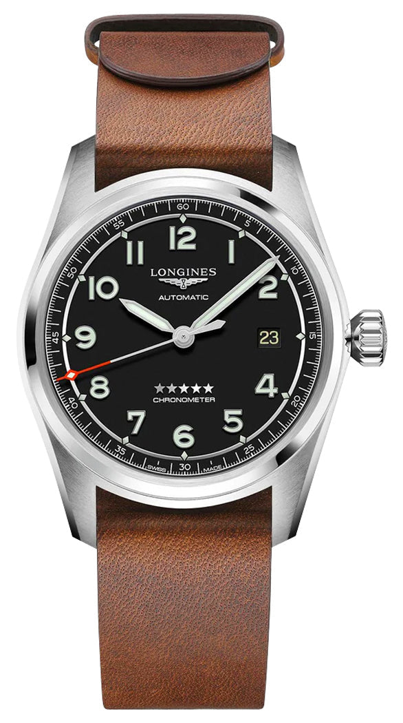 Longines Spirit Prestige Edition Automatic COSC Stainless Steel Black Dial Interchangeable Brown Leather/NATO Strap Date Mens Watch L3.810.4.53.9