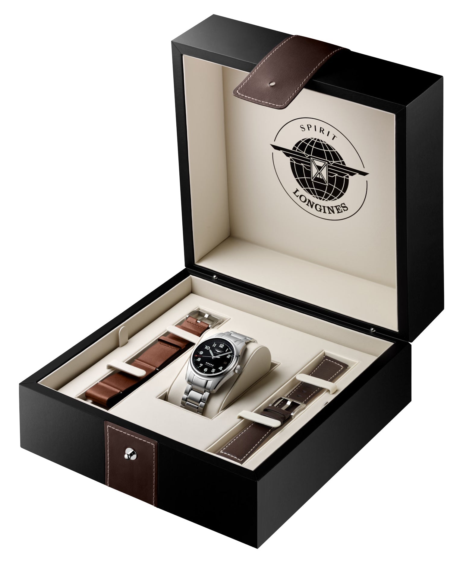 Longines Spirit Prestige Edition Automatic COSC Stainless Steel Black Dial Interchangeable Brown Leather/NATO Strap Date Mens Watch L3.810.4.53.9