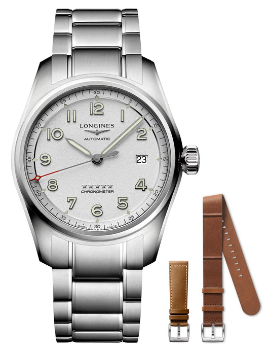 Longines Spirit Prestige Edition Automatic COSC Stainless Steel Silver Dial Interchangeable Brown Leather/NATO Strap Date Mens Watch L3.810.4.73.9
