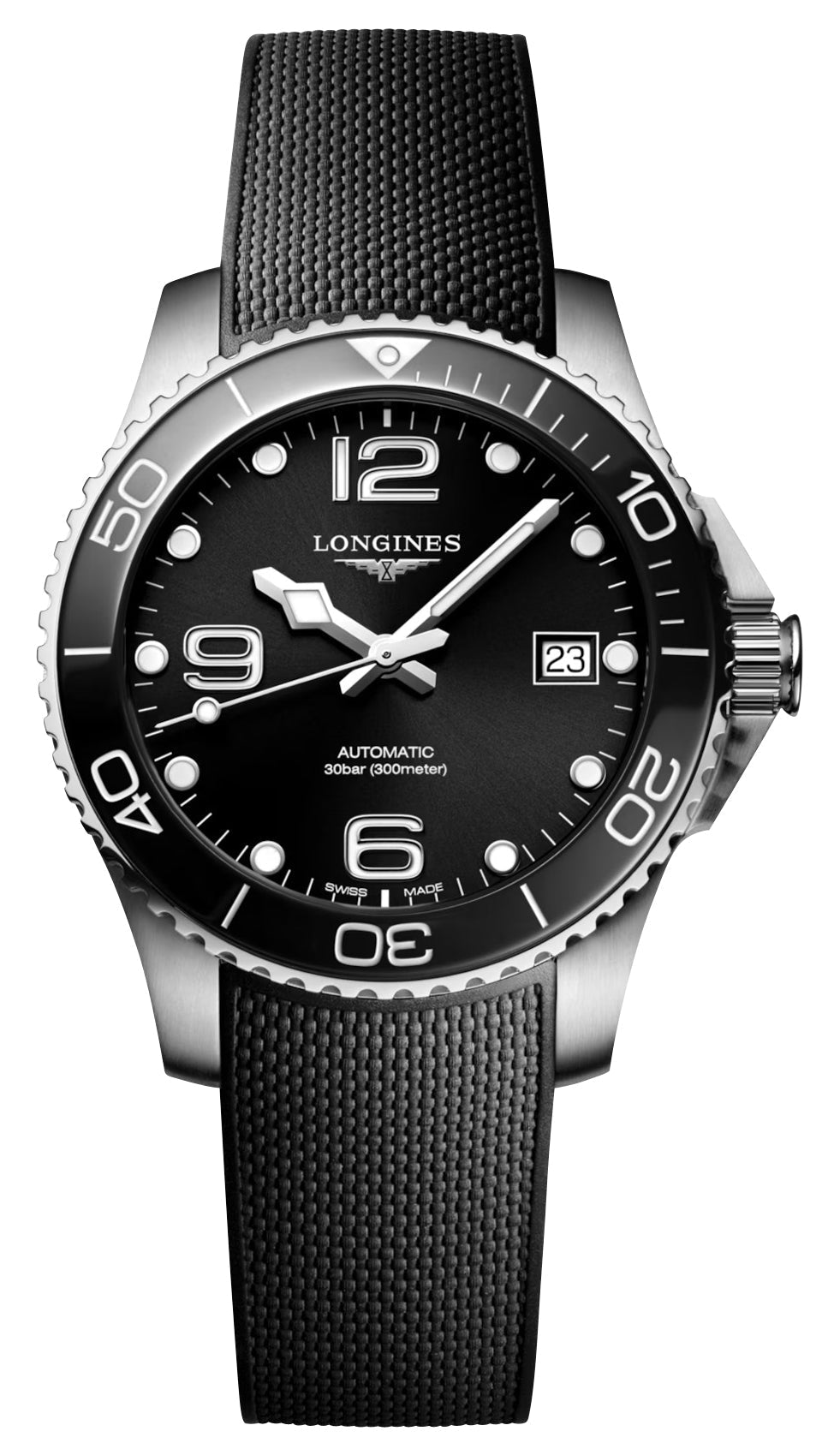 Longines HydroConquest Automatic Stainless Steel Black Dial Black Rubber Strap Date Divers Mens Watch L3.780.4.56.9