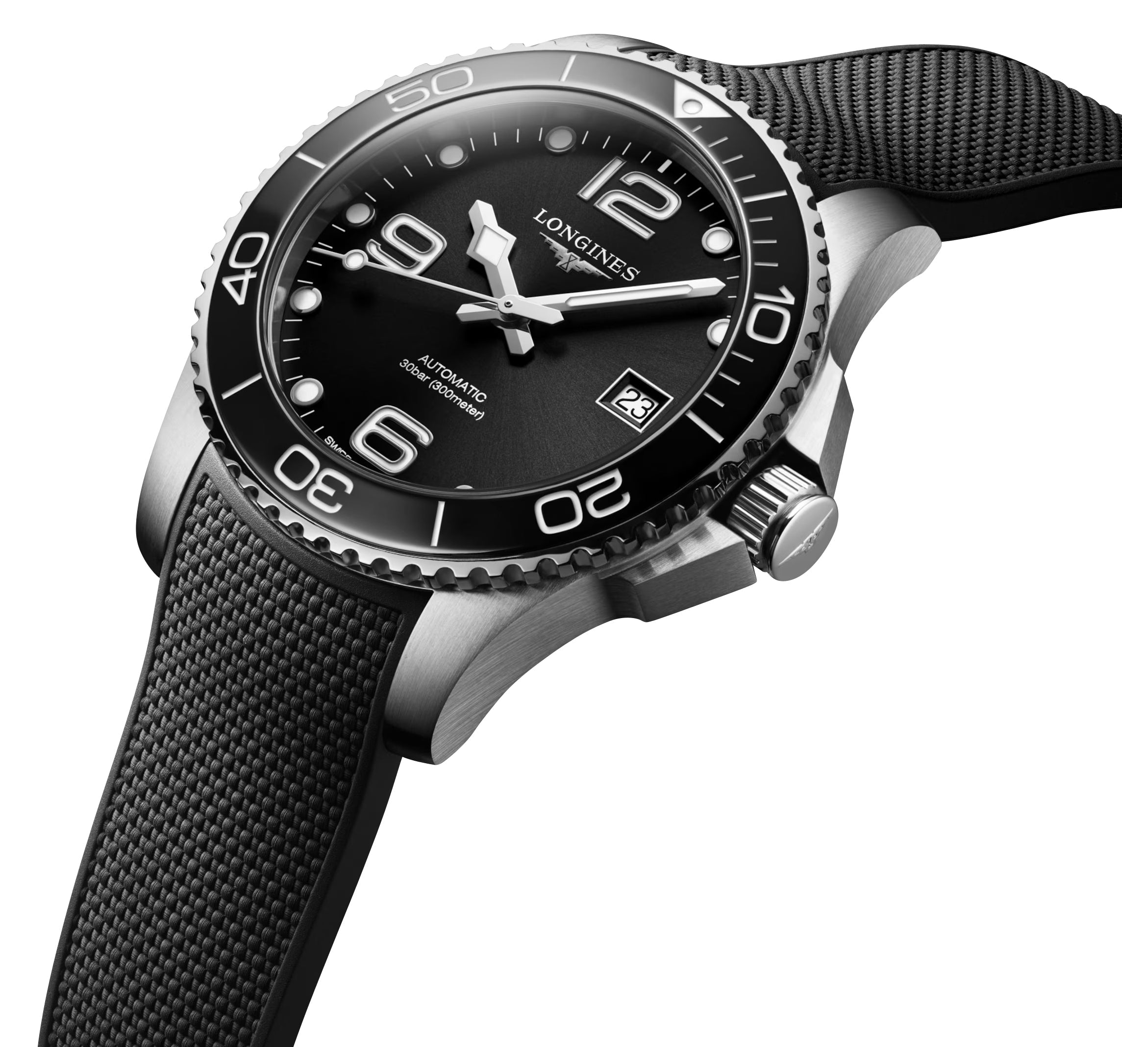 Longines HydroConquest Automatic Stainless Steel Black Dial Black Rubber Strap Date Divers Mens Watch L3.780.4.56.9
