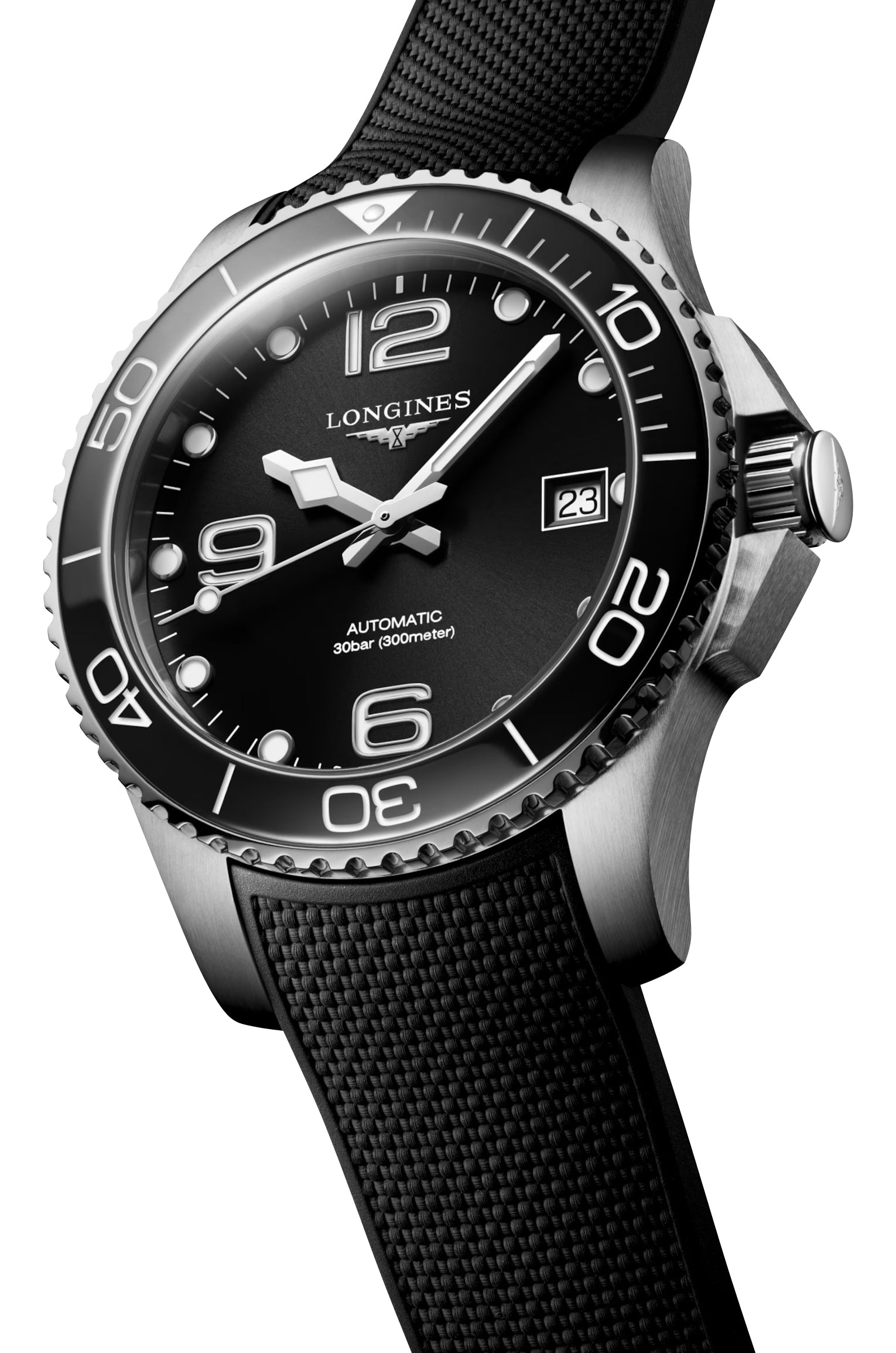 Longines HydroConquest Automatic Stainless Steel Black Dial Black Rubber Strap Date Divers Mens Watch L3.780.4.56.9