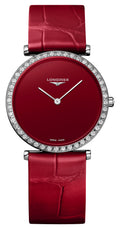 Longines La Grande Classique Monochrome Stainless Steel Red Dial Red Leather Strap Diamonds Quartz Womens Watch L4.523.0.91.2