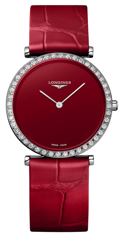 Longines La Grande Classique Monochrome Stainless Steel Red Dial Red Leather Strap Diamonds Quartz Womens Watch L4.523.0.91.2