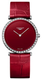 Longines La Grande Classique Monochrome Stainless Steel Red Dial Red Leather Strap Diamonds Quartz Womens Watch L4.523.0.91.2