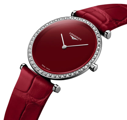 Longines La Grande Classique Monochrome Stainless Steel Red Dial Red Leather Strap Diamonds Quartz Womens Watch L4.523.0.91.2