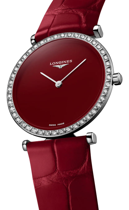 Longines La Grande Classique Monochrome Stainless Steel Red Dial Red Leather Strap Diamonds Quartz Womens Watch L4.523.0.91.2