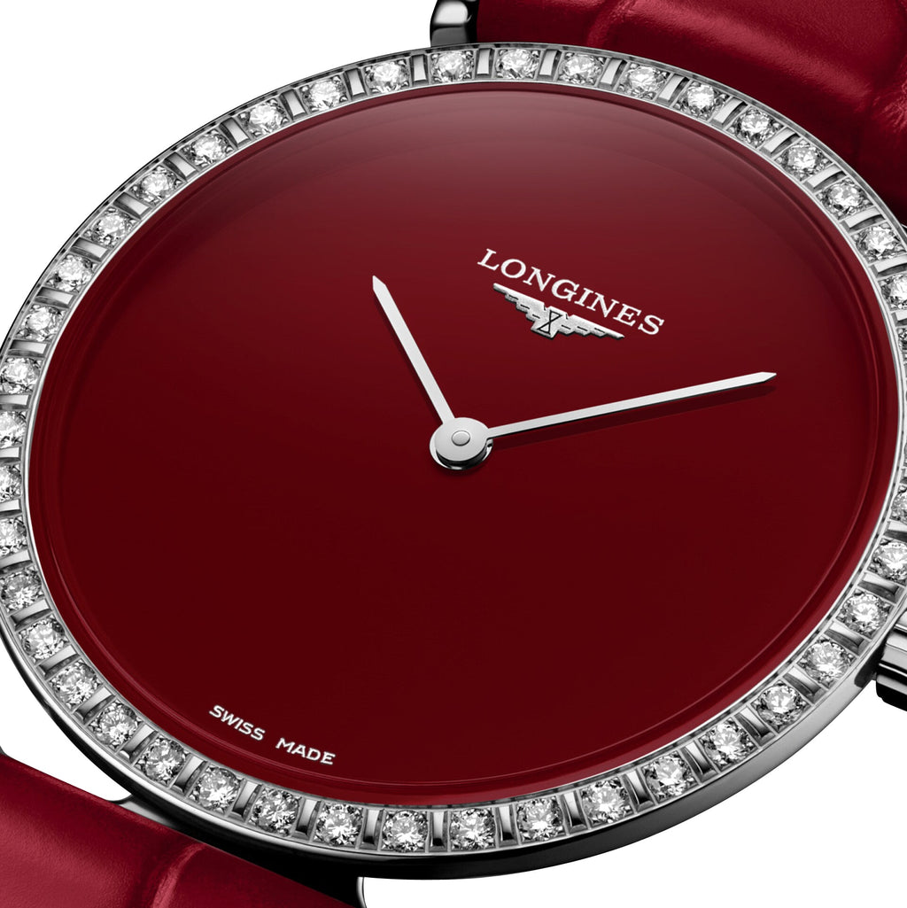 Longines La Grande Classique Monochrome Stainless Steel Red Dial Red Leather Strap Diamonds Quartz Womens Watch L4.523.0.91.2