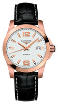 Longines Conquest Automatic 18K Rose Gold Silver Dial Black Leather Strap Date Mens Watch L3.676.8.76.3