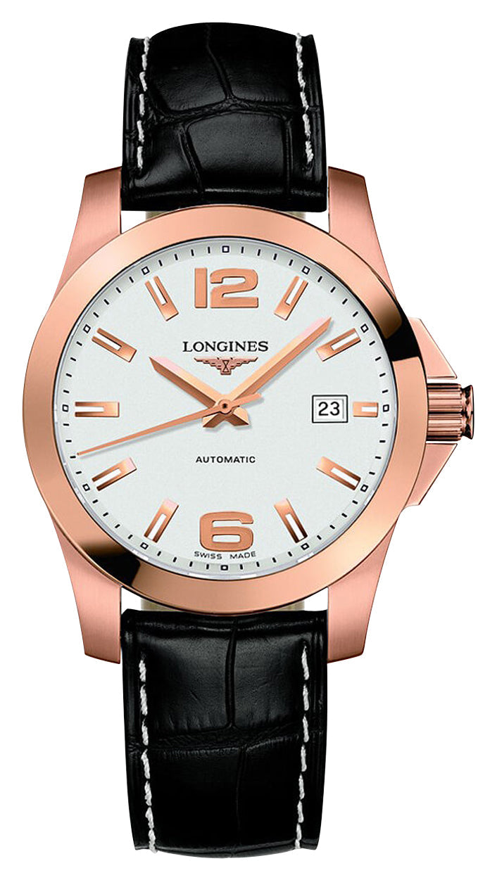 Longines Conquest Automatic 18K Rose Gold Silver Dial Black Leather Strap Date Mens Watch L3.676.8.76.3