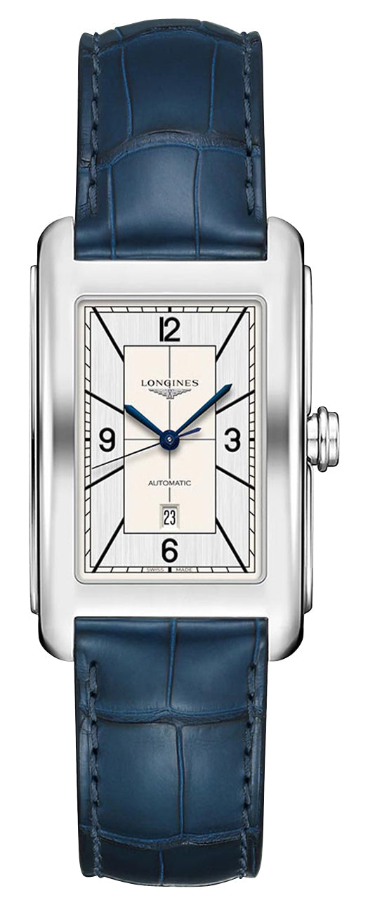 Longines DolceVita Automatic Stainless Steel Silver Dial Blue Leather Strap Date Unisex Watch L5.757.4.73.9