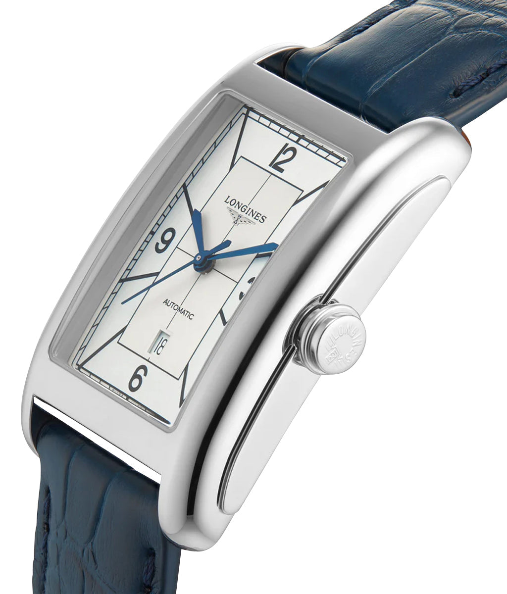 Longines DolceVita Automatic Stainless Steel Silver Dial Blue Leather Strap Date Unisex Watch L5.757.4.73.9