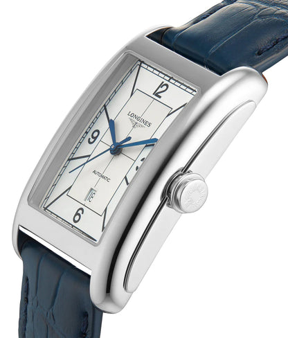 Longines DolceVita Automatic Stainless Steel Silver Dial Blue Leather Strap Date Unisex Watch L5.757.4.73.9
