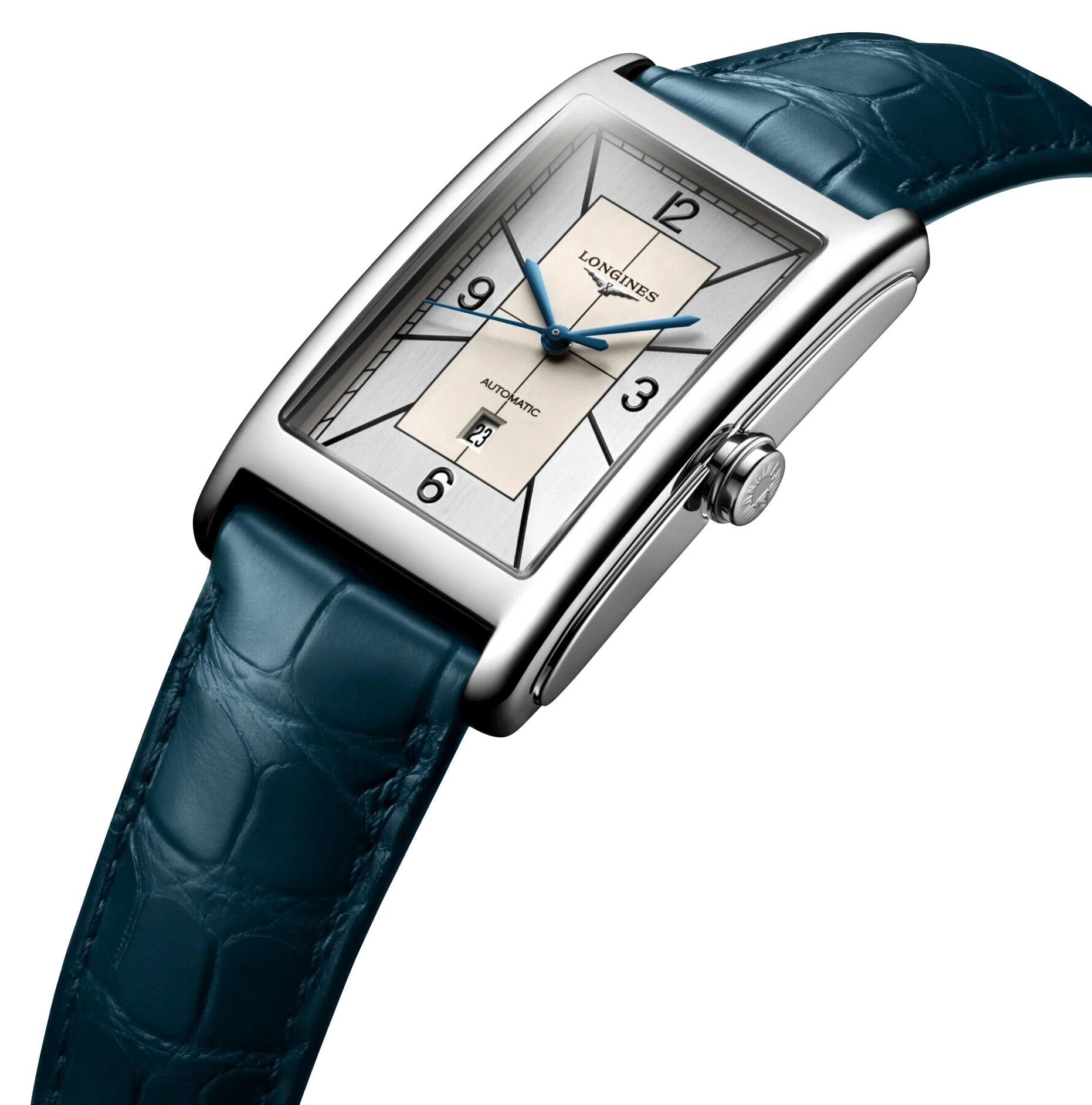 Longines DolceVita Automatic Stainless Steel Silver Dial Blue Leather Strap Date Mens Watch L5.767.4.73.9