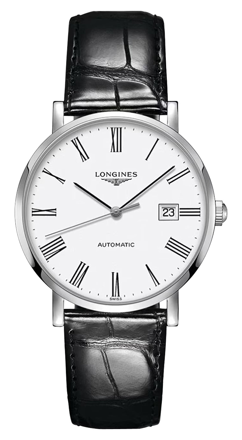 Longines Elegant Automatic Stainless Steel White Dial Black Leather Strap Date Mens Watch L4.910.4.11.2