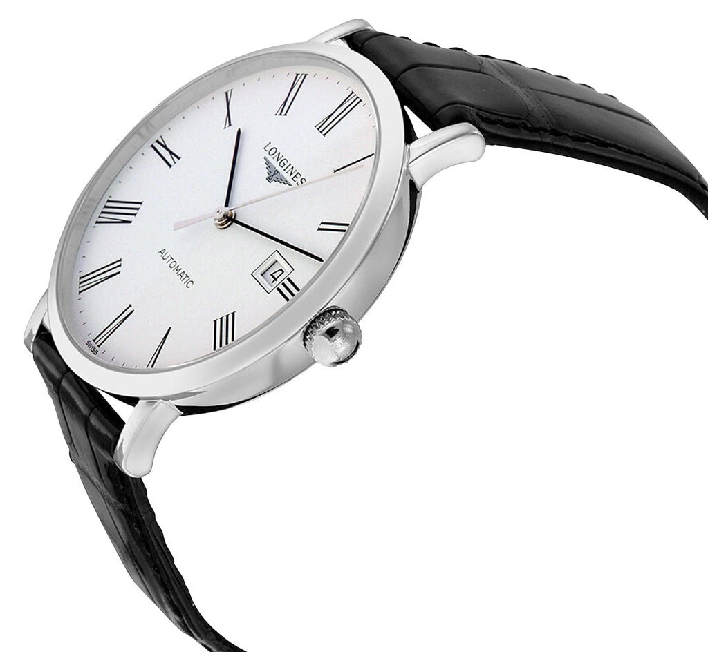 Longines Elegant Automatic Stainless Steel White Dial Black Leather Strap Date Mens Watch L4.910.4.11.2