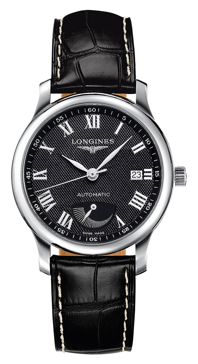 Longines Master Collection Automatic Stainless Steel Black Dial Black Leather Strap Date Power Reserve Mens Watch L2.708.4.51.7