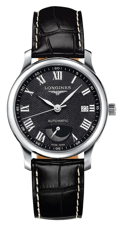 Longines Master Collection Automatic Stainless Steel Black Dial Black Leather Strap Date Power Reserve Mens Watch L2.708.4.51.7