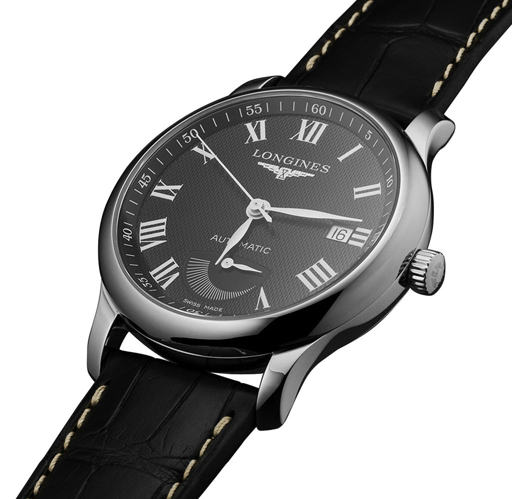 Longines Master Collection Automatic Stainless Steel Black Dial Black Leather Strap Date Power Reserve Mens Watch L2.708.4.51.7