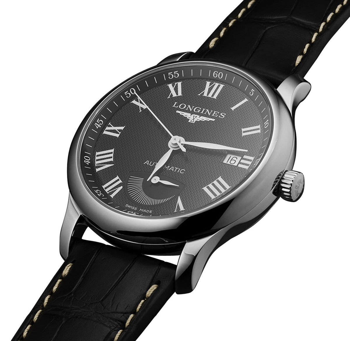 Longines Master Collection Automatic Stainless Steel Black Dial Black Leather Strap Date Power Reserve Mens Watch L2.708.4.51.7