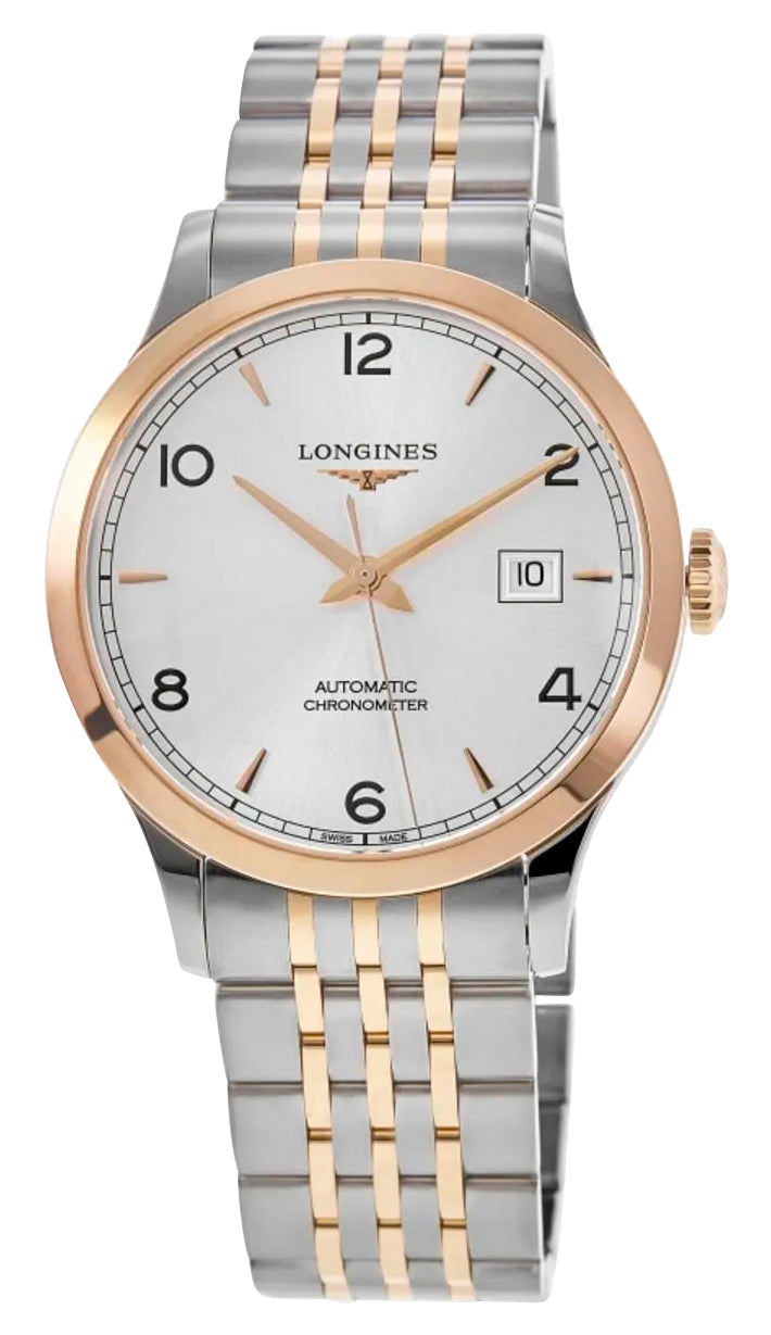 Longines Record Automatic COSC Stainless Steel & 18K Rose Gold Silver Dial Date Mens Watch L2.821.5.76.7